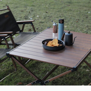 outverve aluminum roll top camping table, black walnut wood grain portable folding table for outdoor camping, picnic, backyard | regular & large sizes