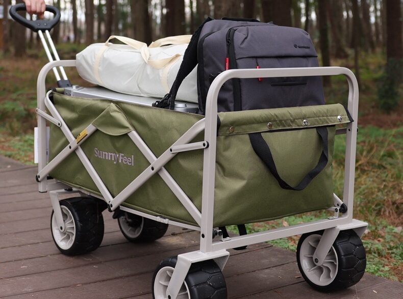 outverve heavy duty folding camping wagon with off road wheels, olive green, 265 lbs capacity, 150l large capacity collapsible utility cart for camping, beach, garden